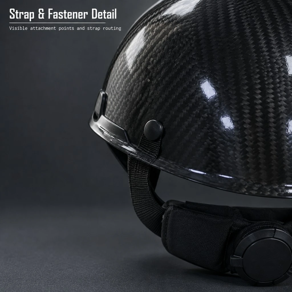 Side quick-lock buckle webbing strap and chin strap anchor details