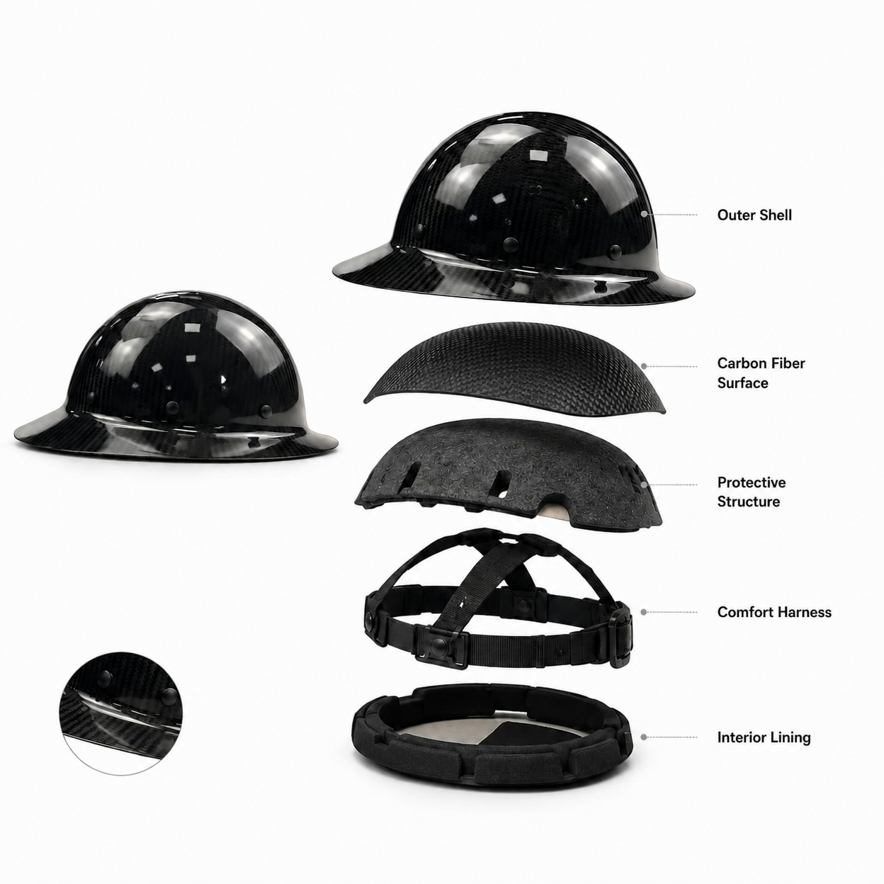 Carbon fiber full brim hard hat structure view