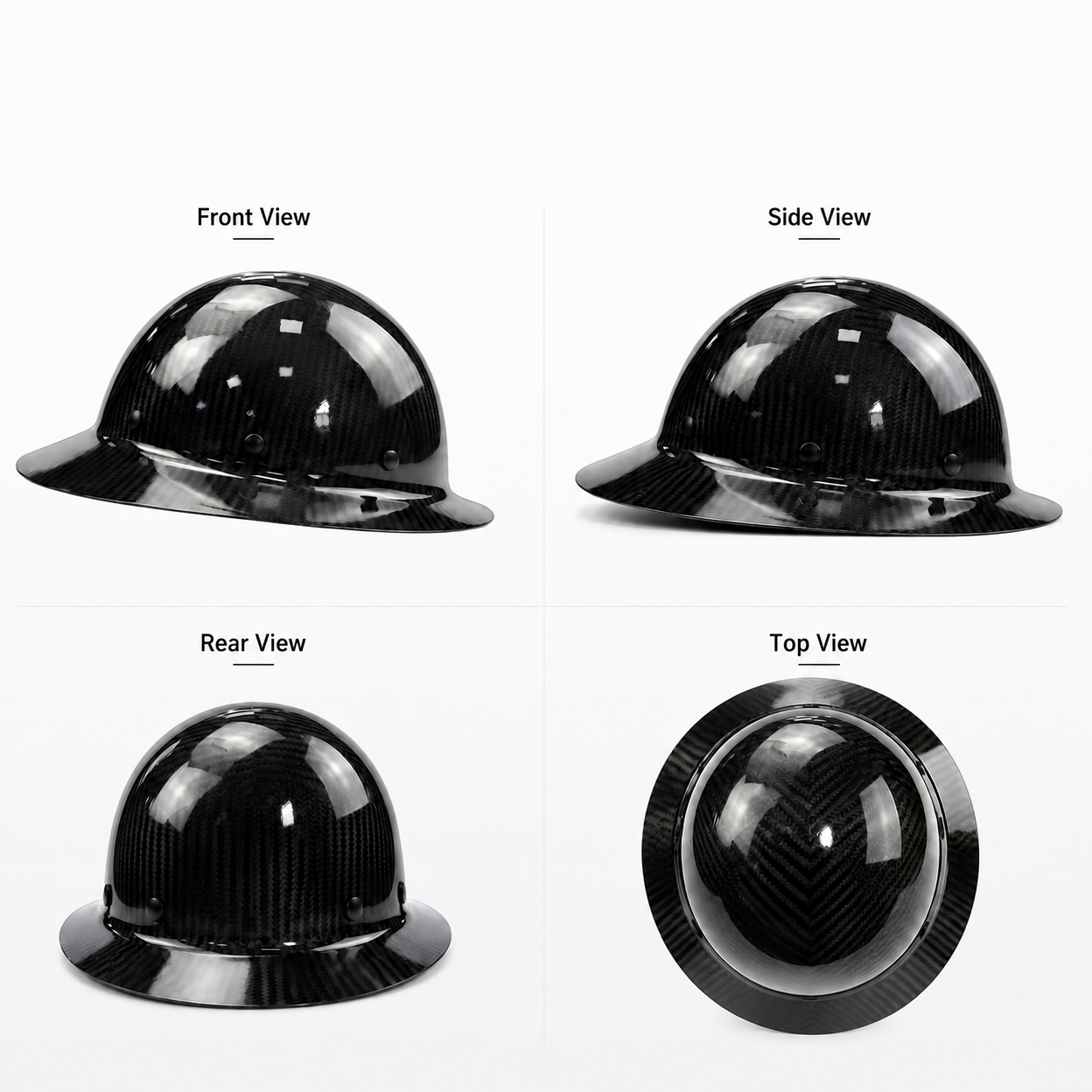 Carbon fiber full brim hard hat front and side views