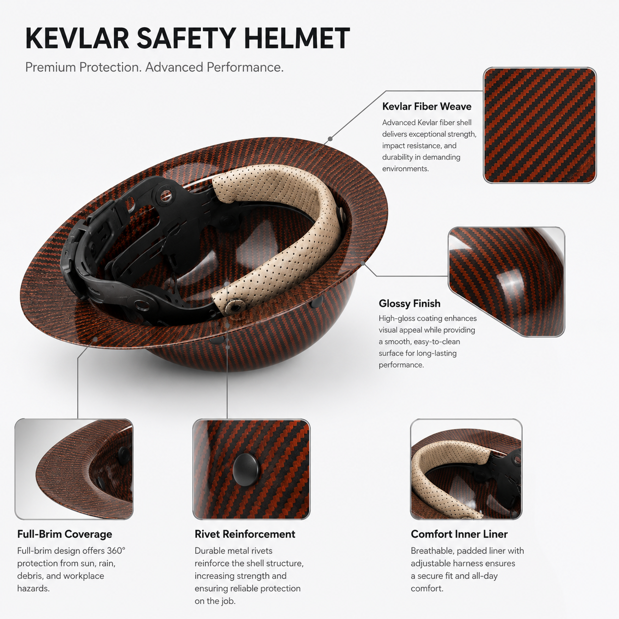 Kevlar safety helmet fiber weave, finish, rivet and comfort liner details