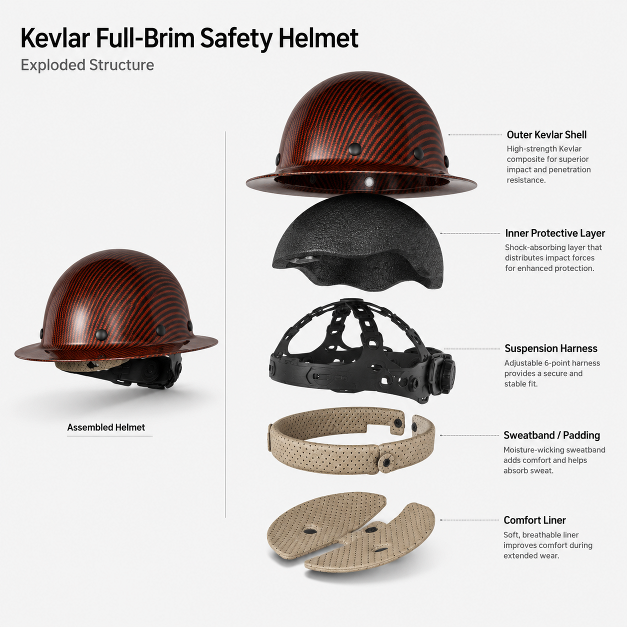 Kevlar full-brim safety helmet exploded structure