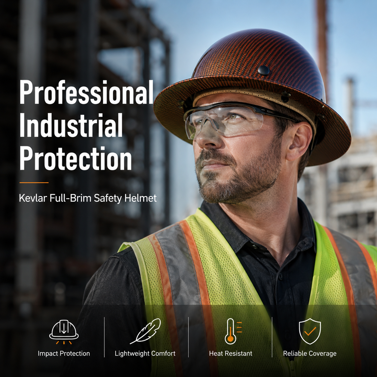 Kevlar full-brim safety helmet in an industrial work setting